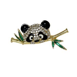 Panda Brooch, NIB, 1.75x1”, head of rhinestones on gold tone base